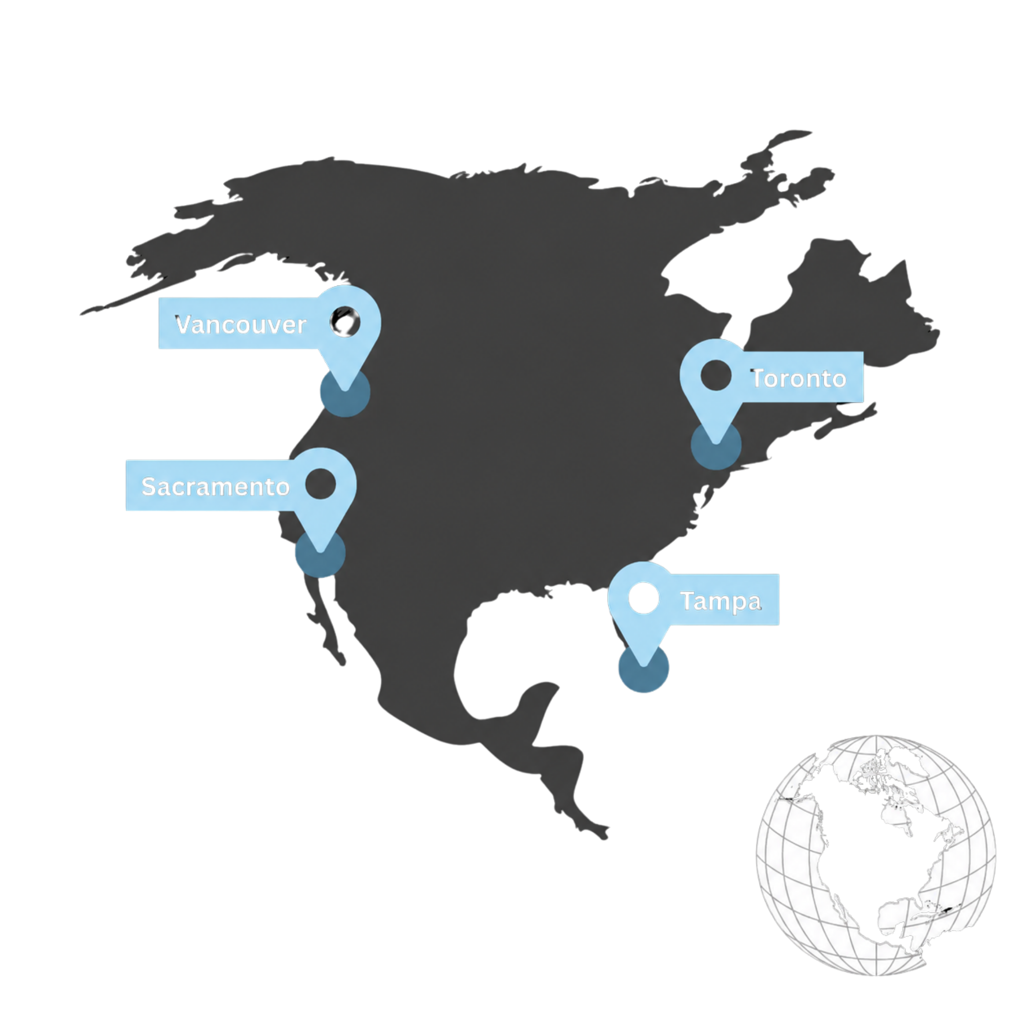 Map of North America marking Logilink's offices in Vancouver, Sacramento, Toronto and Tampa